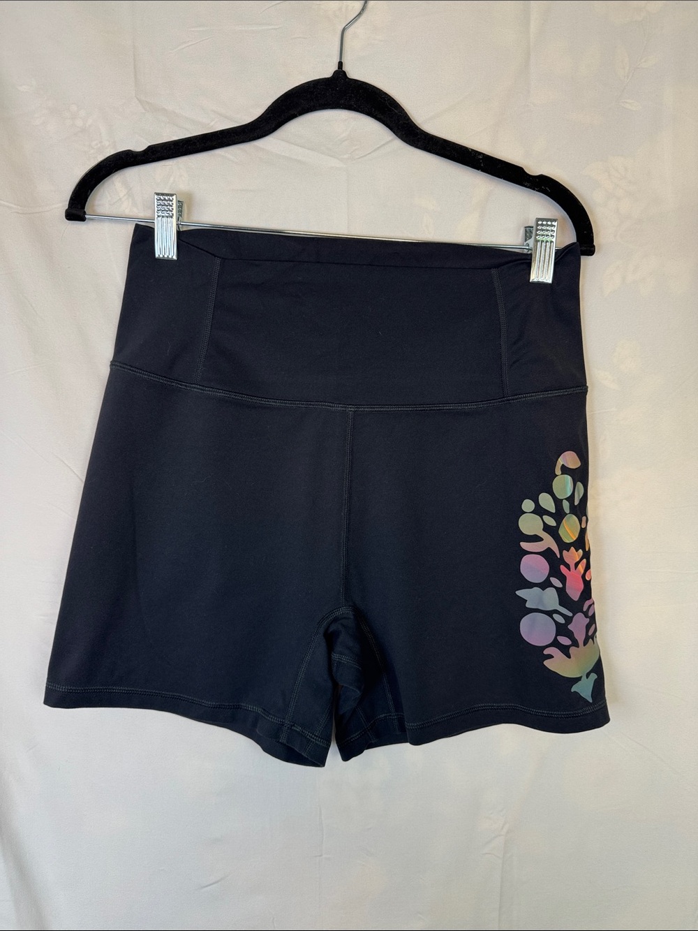 NWOT FP Movement by Free People Black High-Rise Bike Shorts with Pastel Print